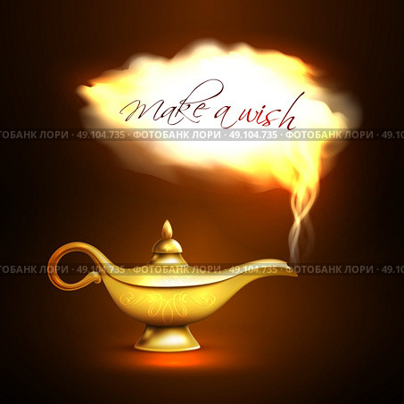 Aladdin Lamp Cloud Concept. Realistic aladdin lamp with cloud look like departing from lamp genie and title make a wish vector illustration. Стоковая иллюстрация, агентство Ingram Publishing / Фотобанк Лори