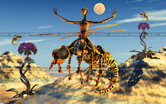 Aliens riding insects to pollinate exoplanet flowers. Стоковое фото, фотограф Mark Stevenson/Stocktrek Images / ТАСС / Фотобанк Лори