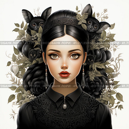 All dark black Wednesday Addams 2022 clipart , black watercolor painting, black color, christmas tree and presents  Generative AI. Стоковое AI-изображение, AI-художник Анна Кривицкая / Фотобанк Лори