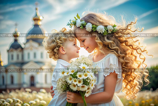 All-Russian day of family, love, fidelity. Cute little curly-haired boy and girl with a bouquet of daisies on the background of an Orthodox church. Valentine's Day of Peter and Fevronia. Стоковое AI-изображение, AI-художник Photojuli / Фотобанк Лори