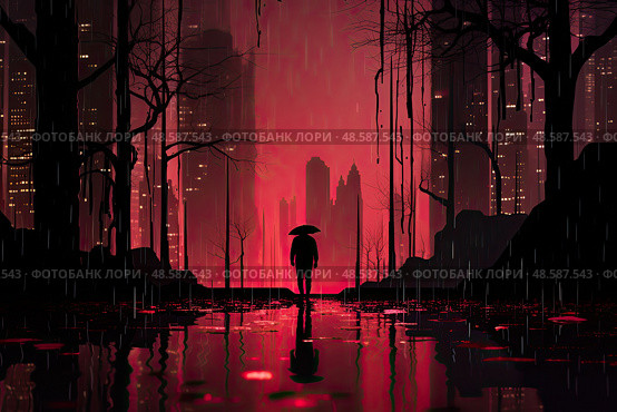 Alone person stands gracefully in the rain, sheltered by an umbrella, embracing the beauty and rhythm of the falling droplets. Стоковое AI-изображение, AI-художник Данила Большаков / Фотобанк Лори