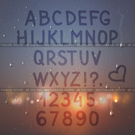 Alphabet On Misted Glass Composition. Colored hand drawn realistic alphabet and numbers on misted glass composition with flash lights on background vector illustration. Стоковая иллюстрация, агентство Ingram Publishing / Фотобанк Лори