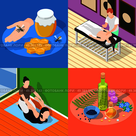 Alternative medicine 2x2 isometric design concept set of yoga apitherapy massage aromatherapy square compositions vector illustration  . Alternative Medicine 2x2 Design Concept. Стоковая иллюстрация, агентство Ingram Publishing / Фотобанк Лори
