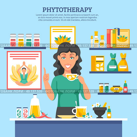 Alternative Medicine Illustration. Alternative medicine flat vector illustration with young woman figure holding cap of herbal tea in center and shelves of phytotherapy drugs. Стоковая иллюстрация, агентство Ingram Publishing / Фотобанк Лори