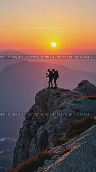 Amazing and inspiring romantic sunset over high mountains. Two people hike and camp, walk on crest edge of mountain peak, reaching goal or finish line. Motivation concept. Стоковое AI-видео, аниматор Sergey Grishin / Фотобанк Лори