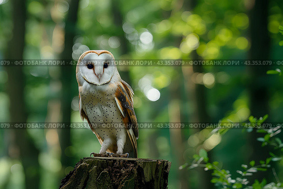 Амбарная сова (Tyto alba) на пне. Стоковое AI-изображение, AI-художник Щеголева Ольга / Фотобанк Лори