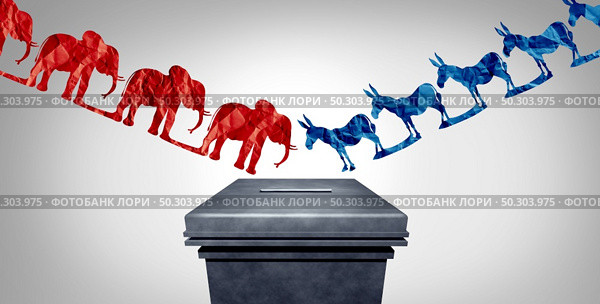 American election choice as Republican Versus Democrat represented by two sides with the elephant and donkey symbol fighting for the vote of the United states citizens for an election win. Стоковое фото, агентство Ingram Publishing / Фотобанк Лори