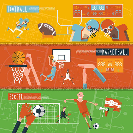 American football basketball and soccer professional team sport matches flat horizontal banners set abstract isolated vector illustration. Team sport horizontal banners set . Стоковая иллюстрация, агентство Ingram Publishing / Фотобанк Лори