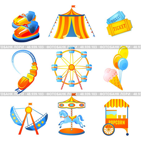 Amusement entertainment park icons set with ferris wheel rollercoaster marry-go-round isolated vector illustration. Стоковая иллюстрация, агентство Ingram Publishing / Фотобанк Лори