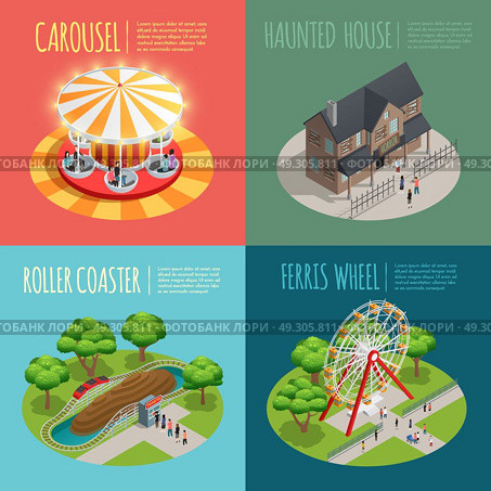 Amusement Park Concept Icons Set. Amusement park concept icons set with haunted house and carousel symbols isometric isolated vector illustration . Стоковая иллюстрация, агентство Ingram Publishing / Фотобанк Лори