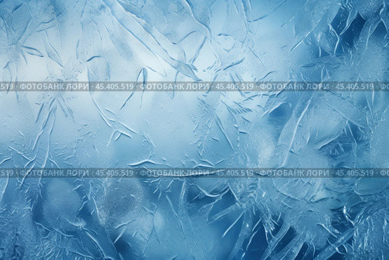 An abstract background showcasing the textures and patterns of frost on a windowpane, with icy blue tones. Стоковое AI-изображение, AI-художник Михаил Строгалев / Фотобанк Лори