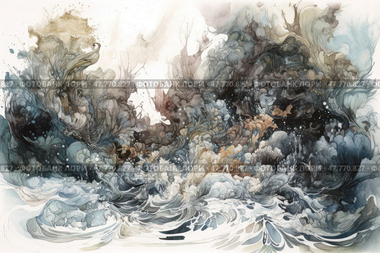 An abstract watercolor illustration depicting a raging sea element. Waves, splashes and foam clouds intertwine with smoky shapes reminiscent of clouds, whirlpools or even ghostly figures. The palette varies from soft blues and grays to rich charcoal blacks and brownish tones. The work is filled with dynamics, chaos and at the same time elegant artistic harmony. Ideal for cover design, interior design, posters, themes on the theme of nature, water, emotions, dreams and imagination. Стоковое AI-изображение, AI-художник Анна Кривицкая / Фотобанк Лори