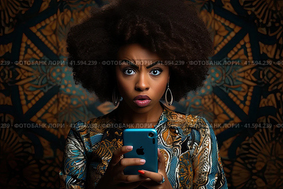 An African girl holds a smartphone in her hands and looks away in bewilderment. Generated by AI. Стоковое AI-изображение, AI-художник Ярославский Максим / Фотобанк Лори