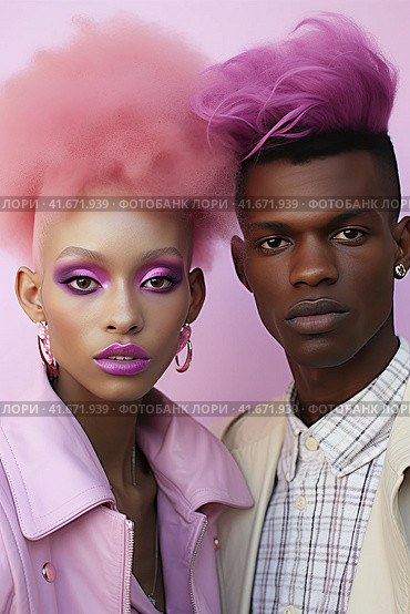 An African young couple in pink suits with an unusual hairstyle look at the camera. Generated by AI. Стоковое AI-изображение, AI-художник Ярославский Максим / Фотобанк Лори