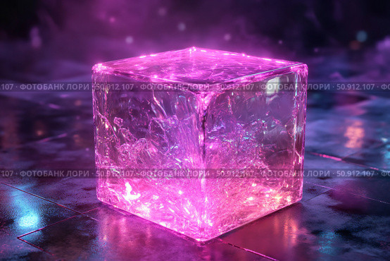 An AI-generated 3D scene featuring a translucent holographic cube emitting vibrant pink and purple glow, with a shimmering surface that reflects light dynamically. Стоковое AI-изображение, AI-художник Виталий Сова / Фотобанк Лори