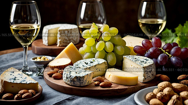 An appetizer for the guests. A cheese plate. A plate of cheese with mold, nuts, grapes and glasses of wine. Стоковое AI-изображение, AI-художник Photojuli / Фотобанк Лори