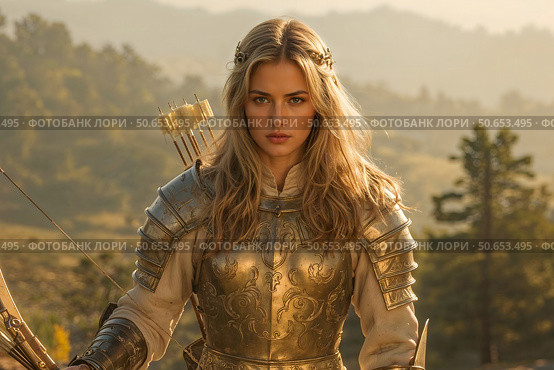 An archer warrior is a woman in golden armor on the battlefield. Стоковое AI-изображение, AI-художник Александр Поташев / Фотобанк Лори