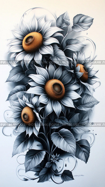 An artistic composition with sunflowers, made in the style of hyperrealism with elements of surrealism. The petals of flowers and leaves are depicted in shades of gray, giving the image a monochrome effect, while the cores of the sunflowers have a natural golden color, creating a bright contrast. The composition is filled with smooth lines and curls, enhancing the dynamics and elegance. The background is light, which emphasizes the details of the flowers and leaves, creating an effect of airiness and sophistication. Стоковое AI-изображение, AI-художник Анна Кривицкая / Фотобанк Лори