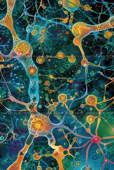 An artistic depiction of the complex network of neurons and synapses in the brain, showcasing the vibrant activity of neural connections. Стоковое AI-изображение, AI-художник Данила Большаков / Фотобанк Лори
