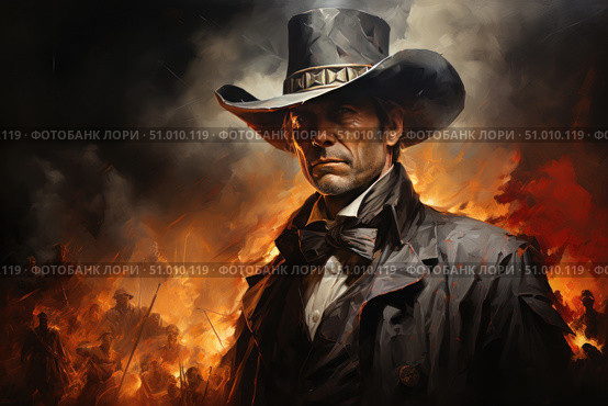 An artistic portrait of a courageous cowboy against the backdrop of a raging fire. The man, wearing a classic black trench coat and a wide-brimmed hat, with a stern expression on his face, embodies determination, strength and defiance. In the background is a blazing battle, figures with weapons in the fire and smoke. The illustration is done in digital painting with an oil texture, creating an atmosphere of drama and epic tension. Ideal for themes related to westerns, heroism, history, conflict, freedom and strength of character. Стоковое AI-изображение, AI-художник Анна Кривицкая / Фотобанк Лори
