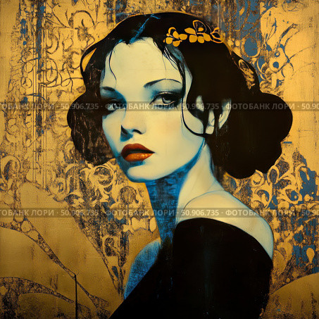An artistic portrait of a woman in a vintage style against a decorative pattern. An elegant figure with an expressive look, scarlet lips and a neat hairstyle in the spirit of the early 20th century. The color palette of blue and gold shades emphasizes the sophistication and depth of the image. The work is done in a mixed technique, combining graphics and painting. Ideal for interior design, covers, posters, galleries and art projects. Стоковое AI-изображение, AI-художник Анна Кривицкая / Фотобанк Лори