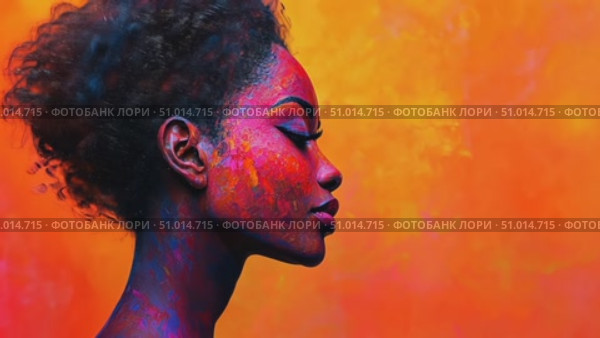 An artistic portrayal of a person with colorful face paint, highlighting unique features with a warm orange backdrop that enhances the vivid colors. Стоковое AI-видео, аниматор Данила Большаков / Фотобанк Лори
