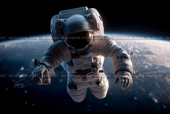An astronaut on a spacewalk. Стоковое AI-изображение, AI-художник Алексей Кузнецов / Фотобанк Лори