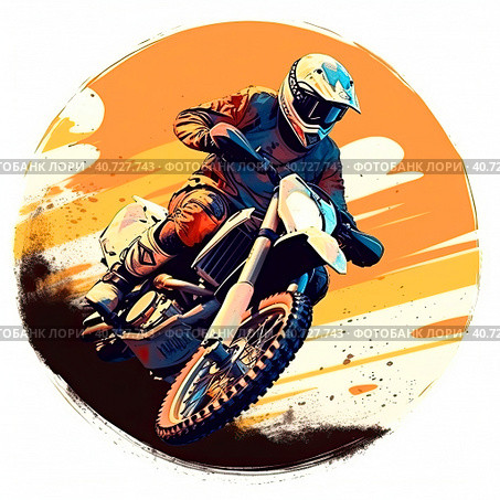 An athlete riding a motorcycle for motocross. Abstract circular background. Created by AI. Стоковое AI-изображение, AI-художник Ярославский Максим / Фотобанк Лори