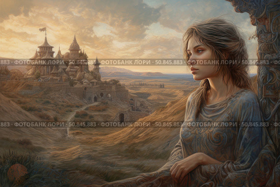 An atmospheric fantasy scene depicting a young woman looking thoughtfully at an ancient city spread out before her. The heroine stands at a carved stone balcony, while on the horizon rise the domes and towers of a majestic fortress, made in a fairy-tale architectural style. The soft warm light of the setting sun fills the landscape, creating a sense of nostalgia, foreboding and magic. Ideal for fantasy themes, ancient civilizations, feminine power, travel and historical plots. Стоковое AI-изображение, AI-художник Анна Кривицкая / Фотобанк Лори