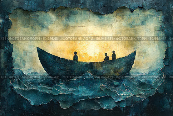 An atmospheric painting with a textured painting effect, depicting three silhouetted figures in a boat in the middle of a dark, stormy sea. The scene is illuminated by a soft golden light, emanating from a distant sun or a light of hope on the horizon. The texture of the canvas emphasizes the drama of the moment, creating a sense of the movement of waves and wind. The work combines philosophical depth, symbolism of the journey, loneliness and inner search. Suitable for use in interior design, publications on the topic of existential reflections, as well as in projects related to travel, life's trials and hope. Стоковое AI-изображение, AI-художник Анна Кривицкая / Фотобанк Лори