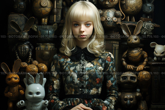 An atmospheric portrait of a girl with platinum hair in a vintage floral dress against the backdrop of a collection of unusual doll creatures. The image combines gothic, steampunk and Victorian aesthetics. The girl looks straight into the frame with an imperturbable expression, creating a sense of mystery and hidden history. Around her are detailed figurines of fantastic animals and toys with mechanical elements. The color palette is dark, with muted shades of ochre, copper, blue and ivory. The image evokes associations with art-house cinema, puppet theater and the world of fantasy. Стоковое AI-изображение, AI-художник Анна Кривицкая / Фотобанк Лори