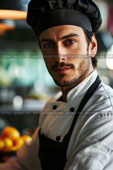 An attractive male chef, showcasing his culinary mastery and charisma. Редакционное AI-изображение, AI-художник Veniamin Kraskov / Фотобанк Лори