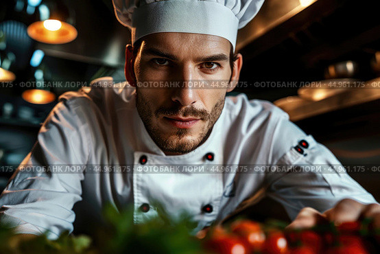 An attractive male chef, showcasing his culinary mastery and charisma. Редакционное AI-изображение, AI-художник Veniamin Kraskov / Фотобанк Лори