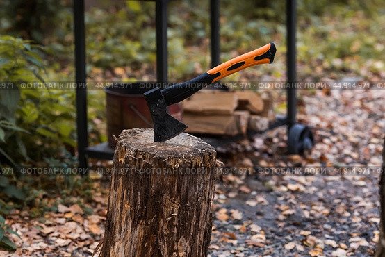 An axe will be stuck into a wooden log. Harvesting firewood for the winter season. Logging on the background of the forest. Lumber, wood-cutting tools. Стоковое фото, фотограф Photojuli / Фотобанк Лори