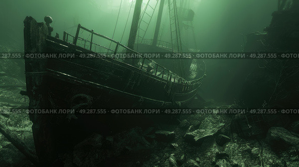 An eerie, abandoned shipwreck lies in the shadowy depths of the sea. Стоковое AI-изображение, AI-художник Данила Большаков / Фотобанк Лори