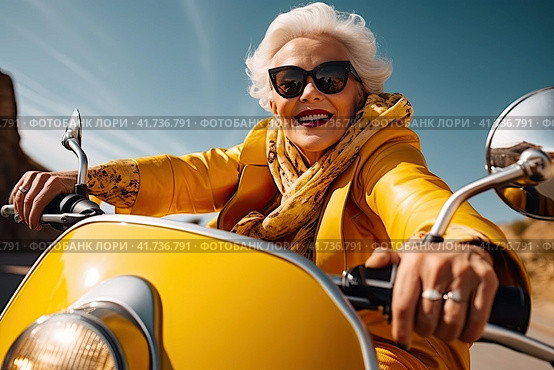 An elderly cheerful woman with gray hair rides a blue scooter and smiles. Generated by AI. Стоковое AI-изображение, AI-художник Ярославский Максим / Фотобанк Лори