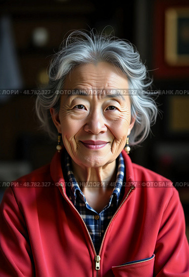 An elderly Chinese woman in a bright red jacket and checkered shirt smiles warmly, radiating wisdom and grace in a cozy indoor setting Generative AI. Стоковое AI-изображение, AI-художник Юлия Петровская / Фотобанк Лори