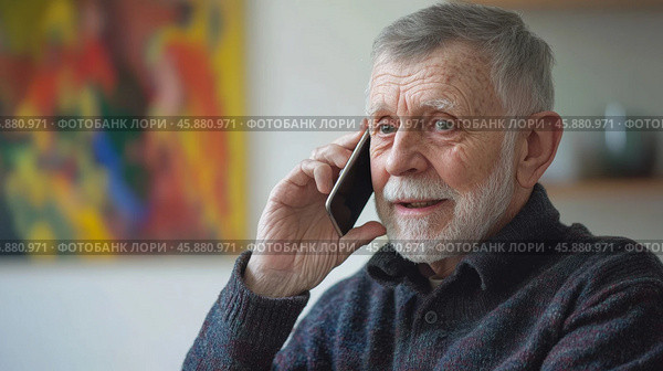 An elderly man is talking on a smartphone. The smartphone is in the hands of an elderly pensioner. A pensioner's conversation with scammers. Стоковое AI-изображение, AI-художник Терехова Марина / Фотобанк Лори