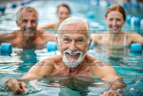 An elderly man swims and does water aerobics in a heated pool, a happy and smiling pensioner. Recreational water sports. Стоковое AI-изображение, AI-художник Photojuli / Фотобанк Лори