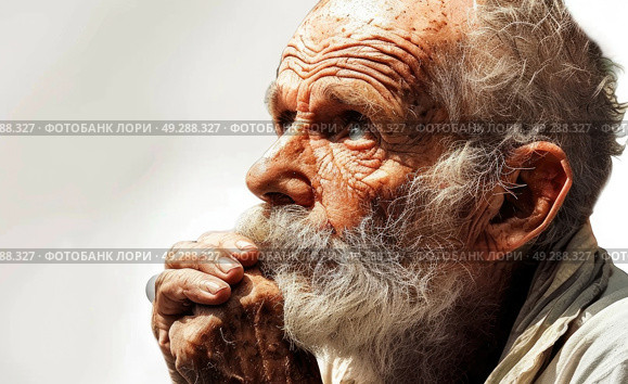 An elderly man with a gray beard, wearing weathered clothes, stands holding a wooden cane. Стоковое AI-изображение, AI-художник Данила Большаков / Фотобанк Лори