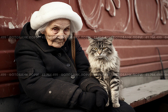 An elderly woman, a pensioner, on the street on a bench with a cat at the entrance.,  Generative AI. Стоковое AI-изображение, AI-художник Анна Кривицкая / Фотобанк Лори
