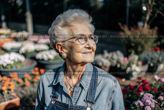 An elderly woman gardener with gray hair in overalls in a cozy flower greenhouse. The gardener takes care of the flowers. Стоковое AI-изображение, AI-художник Photojuli / Фотобанк Лори