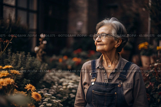 An elderly woman gardener with gray hair in overalls in a cozy flower greenhouse. The gardener takes care of the flowers. Стоковое AI-изображение, AI-художник Photojuli / Фотобанк Лори