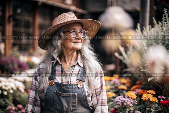 An elderly woman gardener with gray hair in overalls in a cozy flower greenhouse. The gardener takes care of the flowers. Стоковое AI-изображение, AI-художник Photojuli / Фотобанк Лори