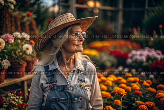 An elderly woman gardener with gray hair in overalls in a cozy flower greenhouse. The gardener takes care of the flowers. Стоковое AI-изображение, AI-художник Photojuli / Фотобанк Лори