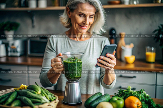 An elderly woman in the kitchen is looking at healthy food recipes on her phone and preparing a vegetable smoothie made from broccoli in a blender. Healthy detox diet drink. Стоковое AI-изображение, AI-художник Photojuli / Фотобанк Лори