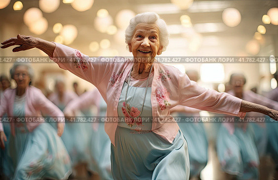 An elderly woman is dancing in a group in a dance hall. Generated by AI. Стоковое AI-изображение, AI-художник Ярославский Максим / Фотобанк Лори