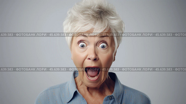 An elderly woman shows a moment of surprise, her eyes wide and mouth open in excitement. She wears a light blue shirt and stands against a soft, neutral background. Стоковое AI-изображение, AI-художник Sergey Grishin / Фотобанк Лори