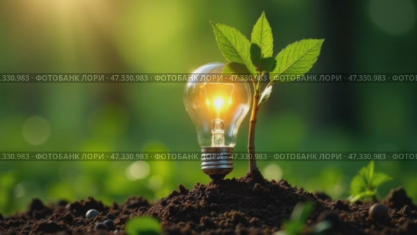 An electric light bulb illuminates new plant sprouts on a green background. Renewable energy sources. Clean energy. Environmental protection. Стоковое AI-видео, аниматор Алёна Золотухина / Фотобанк Лори