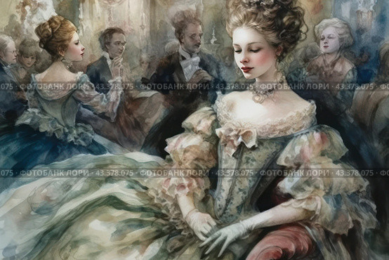 An elegant ball in the style of the 18th century. The center of attention is a young woman with neatly styled hair and a fluffy dress with lace and bows, sitting with her eyes closed and a slight smile on her face. Her dress is decorated with delicate pastel flowers, and around her neck is a delicate necklace. Other guests of the ball gathered around her: men in dark tailcoats and women in luxurious dresses. The background of the image is blurred, which creates an atmosphere of mystery and sublimity. In the background, sparkling chandeliers and decorated walls are visible, adding extra luxury and grandeur to the entire scene. Стоковое AI-изображение, AI-художник Анна Кривицкая / Фотобанк Лори